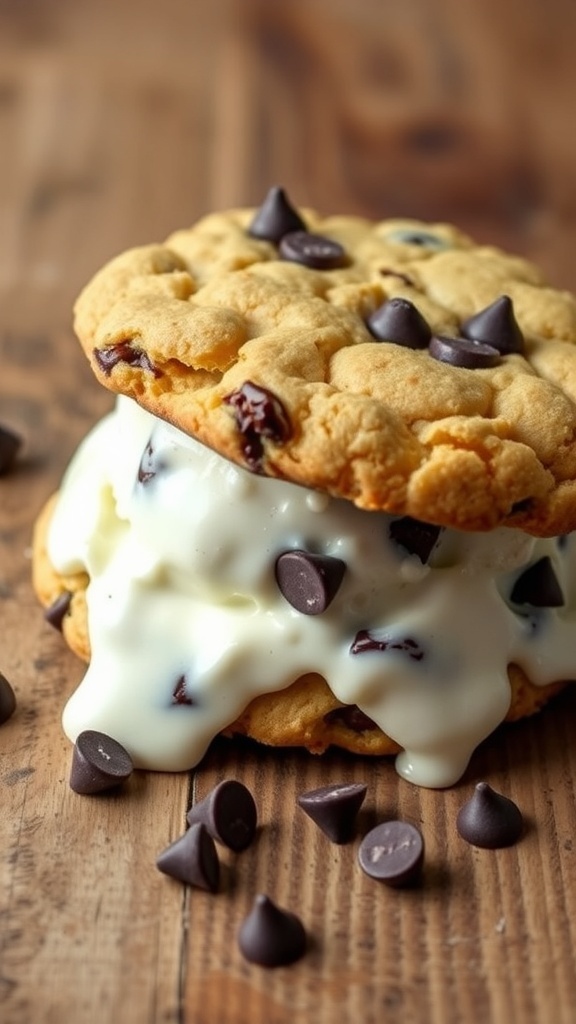 Chocolate Chip Cookie Ice Cream Sandwiches Chocolate chip cookie ice cream sandwich with melting ice cream on a wooden table.